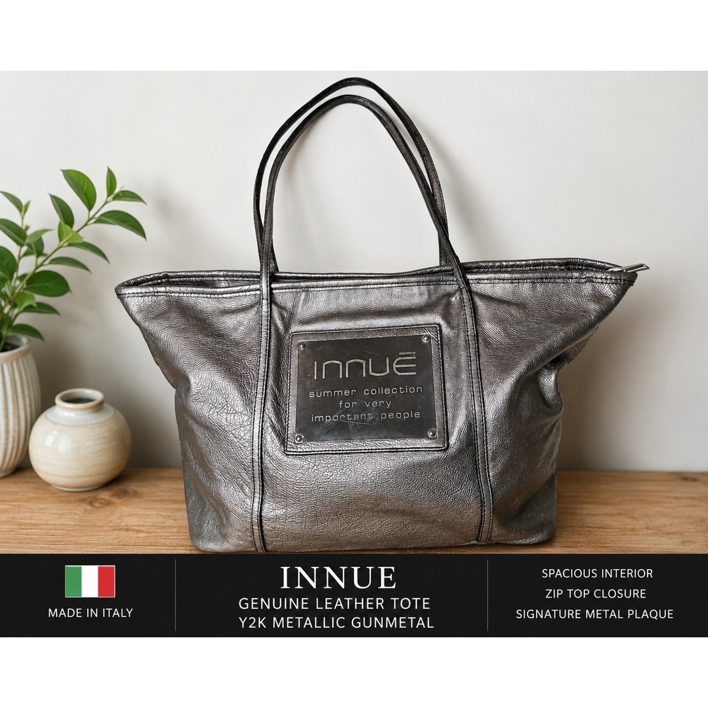 Innue Metallic Gunmetal Leather Tote Bag Made in Italy Y2K Large Shoulder Purse
